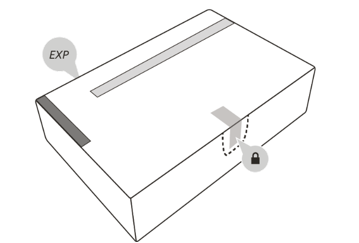 Confezione rettangolare bianca con indicazione data di scadenza e lucchetto stilizzato che ne indica la chiusura di sicurezza