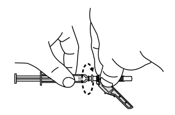 Mano che tiene una siringa preriempita con ago inserito in un dispositivo di sicurezza a protezione dell