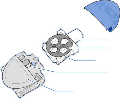 Dispositivo medico con componenti separati, alloggiamento a spirale blu e parte centrale con quattro scomparti circolari frecce direzionali bianche