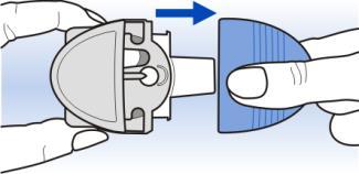 Dispositivo autoiniettante grigio con ago protetto da cappuccio blu e dito che preme per l