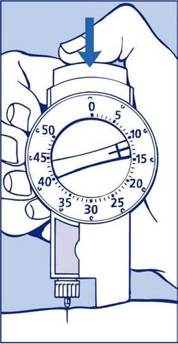 Dispositivo di iniezione autoiniettante con indicatore circolare graduato da 0 a 50 e ago rivolto verso il basso