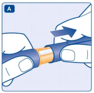 Mano che tiene un dispositivo medico con due parti scorrevoli arancioni e nere una freccia indica la direzione del movimento