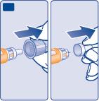 Connettore arancione che si inserisce in un dispositivo cilindrico grigio con freccia bianca che indica la direzione
