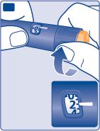 Penna per iniezione con ago arancione protetto da cappuccio nero e freccia che indica la rotazione del dispositivo