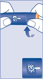 Penna per insulina blu tenuta tra due dita con indicazione numerica 0.52 e freccia direzionale verso l