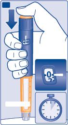 Penna per insulina arancione e blu tenuta in mano con freccia direzionale e display che indica 0 unit&agrave; con timer a fianco