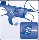 Penna iniettabile blu con indicatore di dose numerico e freccia che indica la rotazione per impostare il valore desiderato