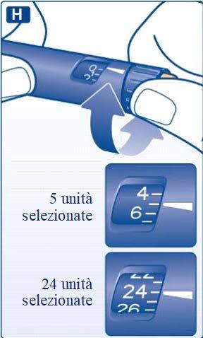 Penna iniettabile blu con freccia bianca che indica la selezione delle unit&agrave; e finestrino numerico con valori 5, 24 e 6
