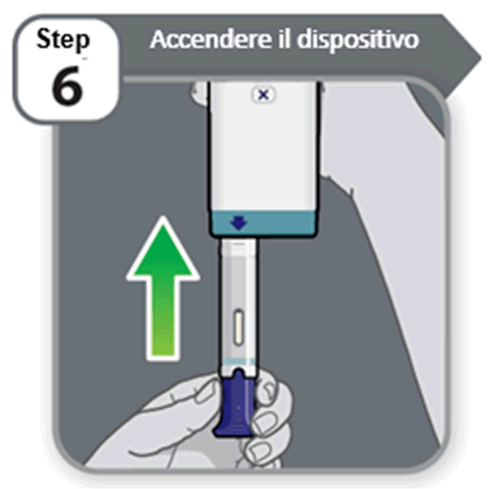 Dispositivo medico blu e bianco tenuto in mano con freccia verde che indica l