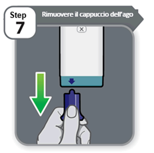 Siringa con stantuffo blu e cappuccio bianco, freccia verde indica rimozione del cappuccio protettivo tenuto da una mano