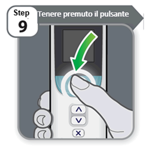 Dispositivo medico grigio con schermo e pulsanti, dito che preme verso il basso, freccia verde con segno di spunta e numero 9 in alto a sinistra