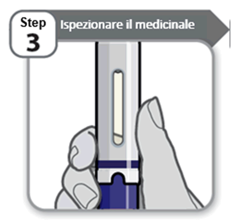 Mano che tiene una penna per iniezione blu e bianca con indicazioni di dosaggio visibili e controllo del medicinale