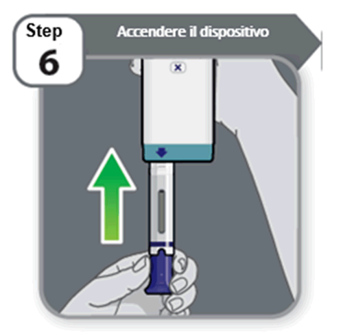 Dispositivo medico con cartuccia blu e ago inserito in un adattatore trasparente tenuto da una mano con freccia verde