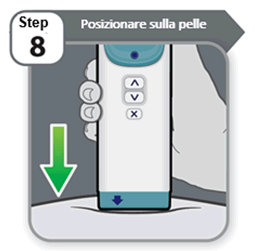 Dispositivo autoiniettante con pulsanti freccia su e gi&ugrave; e simbolo X freccia verde che indica il posizionamento sulla pelle