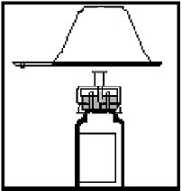 Fiala medicinale con tappo in gomma e protezione superiore, collegata a un dispositivo di infusione verticale