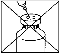 Fiala di vetro con tappo di gomma e ago che penetra nel centro del tappo stesso simbolo di divieto