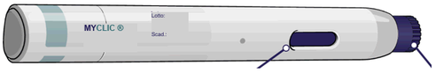 Penna iniettabile MYCLIC bianca e azzurra con indicatore di dose e pulsante blu laterale