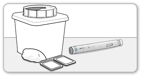 Contenitore bianco con coperchio a vite accanto a una penna per insulina e due tamponi assorbenti in confezioni sigillate
