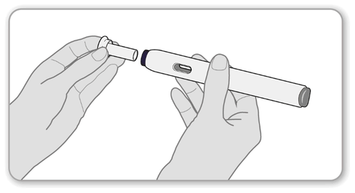 Mani che assemblano un dispositivo penna per iniezione con due componenti cilindrici bianchi e grigi