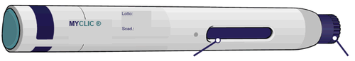 Penna precompilata bianca e blu MYCLIC con indicazioni di lotto e scadenza e pulsante di rilascio blu laterale