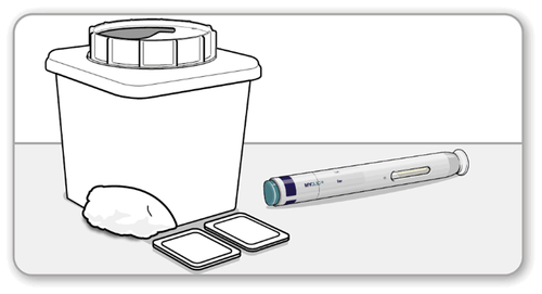 Contenitore bianco con coperchio a vite, due tamponi in garza, due piastrine e una penna iniettabile blu e bianca