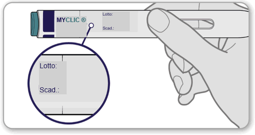 Penna per iniezione MYCLIC con dito che preme il pulsante e dettaglio ingrandito delle scritte Lotto e Scad su etichetta