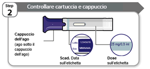 Cartuccia di medicinale con cappuccio blu e trasparente, etichetta con lotto, scadenza e dose indicata, frecce che ne indicano le parti