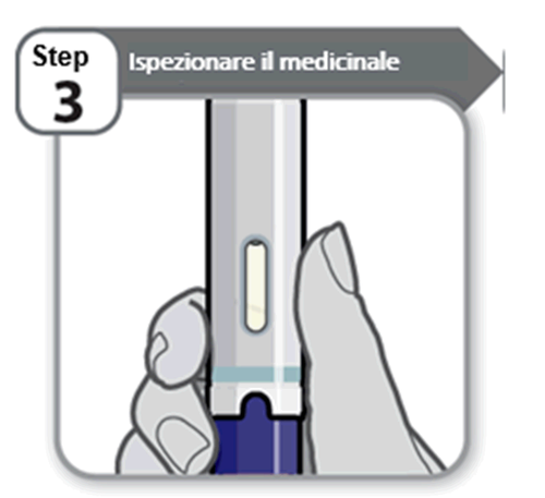 Mano che tiene una penna per iniezione blu e argento con finestra trasparente per la visualizzazione della dose