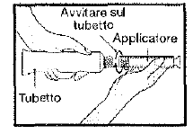 Mano che avvita un applicatore su un tubetto, frecce indicano la direzione di avvitamento e la posizione corretta del dispositivo