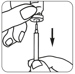 Mano che tiene una siringa preriempita con ago rivolto verso il basso e freccia nera che indica la direzione di iniezione