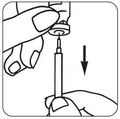 Mano che tiene una siringa preriempita con ago rivolto verso il basso e freccia nera che indica la direzione di iniezione