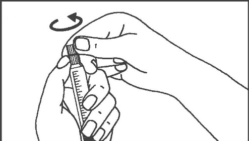 Mano che ruota una fiala di vetro graduata con un tappo nero, freccia curva indica il movimento rotatorio