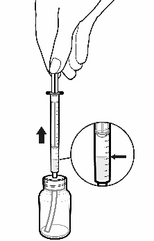 Mano che tiene una siringa sopra un flacone di medicinale, freccia indica l