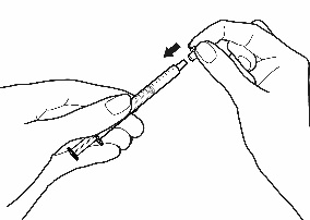 Mano che tiene una siringa preriempita con ago inserito nella pelle, freccia nera indica la direzione di iniezione sottocutanea
