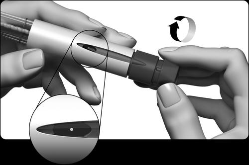 Mano che tiene un dispositivo per iniezione con ago visibile e ingrandimento del dettaglio della punta