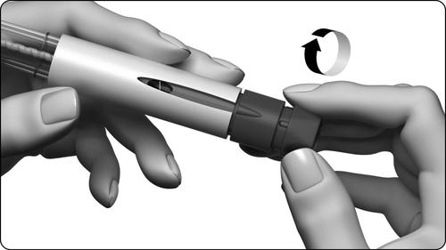 Mano che avvita un ago arancione su un dispositivo penna per iniezione di colore grigio e nero con freccia che indica la rotazione