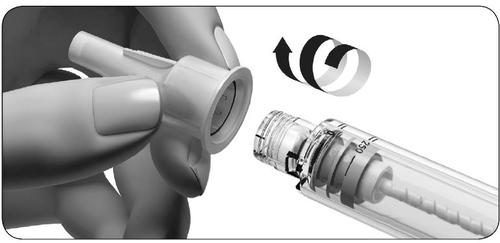 Mano che avvita un adattatore trasparente su una siringa graduata da 250 unit&agrave; con frecce circolari che indicano la rotazione