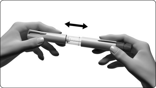 Due mani che tengono un dispositivo medico cilindrico con due parti che si allontanano indicate da frecce bidirezionali