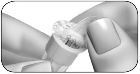 Dispositivo pre-riempito con ago esposto tenuto tra pollice e indice per l