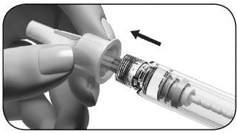 Ago della siringa che viene avvitato su un adattatore trasparente con guarnizione e scala graduata freccia indica la direzione