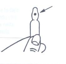 Fiala di medicinale con punta arrotondata tenuta da una mano stilizzata freccia indica l