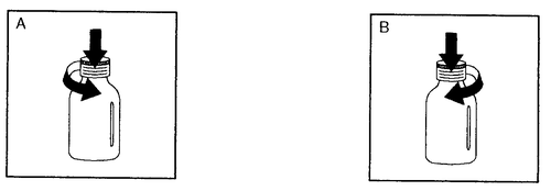 Fiala di vetro con tappo e frecce curve che indicano la rotazione per la preparazione all