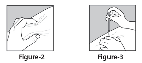 Mano che pizzica la pelle e mano che inietta il farmaco sottocute con siringa e ago nel braccio
