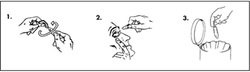 Mani che preparano un dispositivo medico iniettabile, con passaggi numerati da 1 a 3 che mostrano l