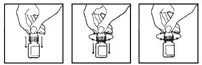 Mani che svitano e avvitano il tappo di un flacone medicinale in tre fasi successive con frecce direzionali