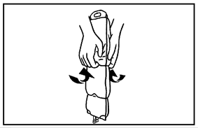 Fiala di vetro con ago e cappuccio protettivo, frecce nere indicano la corretta presa per l