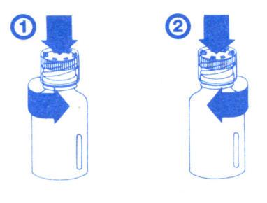 Fiala di vetro con tappo grigio e fascia blu, frecce indicano la rotazione e la rimozione del tappo in due fasi numerate