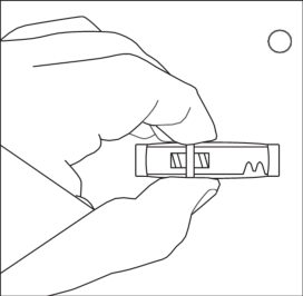 Mano che tiene una penna per iniezione pre-riempita con indicazioni grafiche sul dosaggio e pulsante di rilascio
