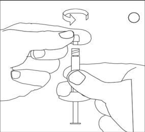 Mano che avvita un ago su una siringa preriempita con stantuffo visibile e tappo protettivo rimosso con freccia direzionale