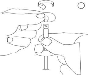 Mano che avvita un ago su una siringa preriempita con freccia che indica il movimento rotatorio e tappo di protezione laterale